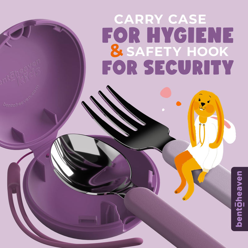 [Australia] - Bentoheaven Kids Travel Utensils with Case, Food-Grade Stainless Steel & BPA-Free Plastic, Travel Cutlery Set, Dishwasher Safe Fork, Spoon & Case, Reusable Flatware, Silverware for Kids (Horse) Mauve 