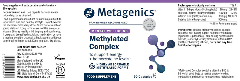 Metagenics Methylated Complex - for Homocysteine Metabolism & Energy - with Active B12, B6, Folate & Betaine - 90 Capsules