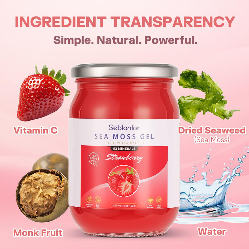 Sea Moss Gel Essential Vitamins, Trace Minerals, Vegan superfoods, jams, Jellies, and Sweet sauces Gifts (Strawberry) Strawberry