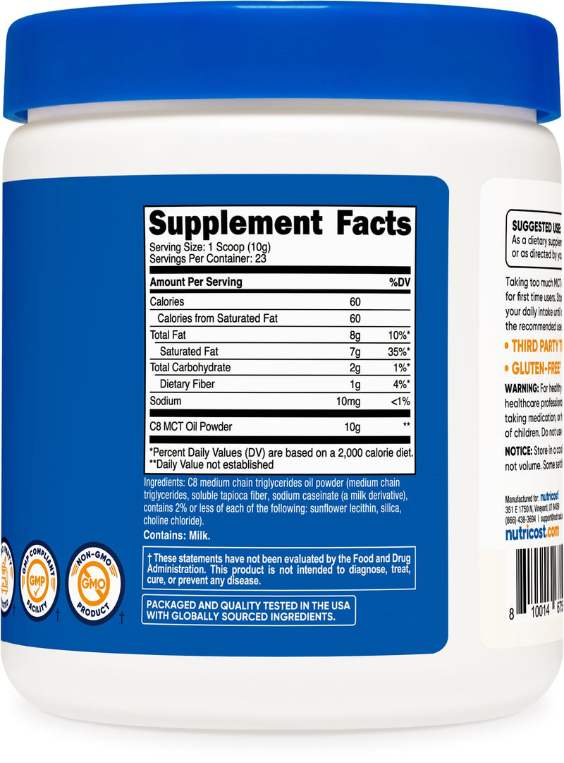 [Australia] - Nutricost C8 MCT Oil Powder 23 Servings (8oz) - 95% C8 MCT Oil Powder 