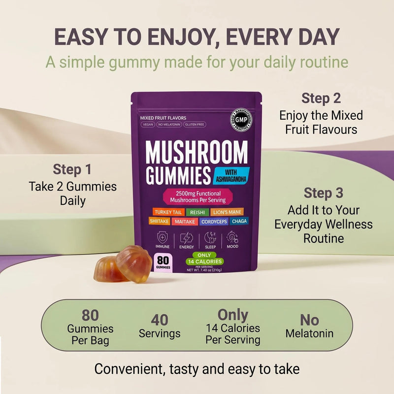 Mushroom Gummies with Lion’s Mane & Reishi – 80 Count 8-in-1 Functional Mushroom Complex 2500mg – Energy, Focus, Immunity Support – Vegan Mixed Fruit Gummies