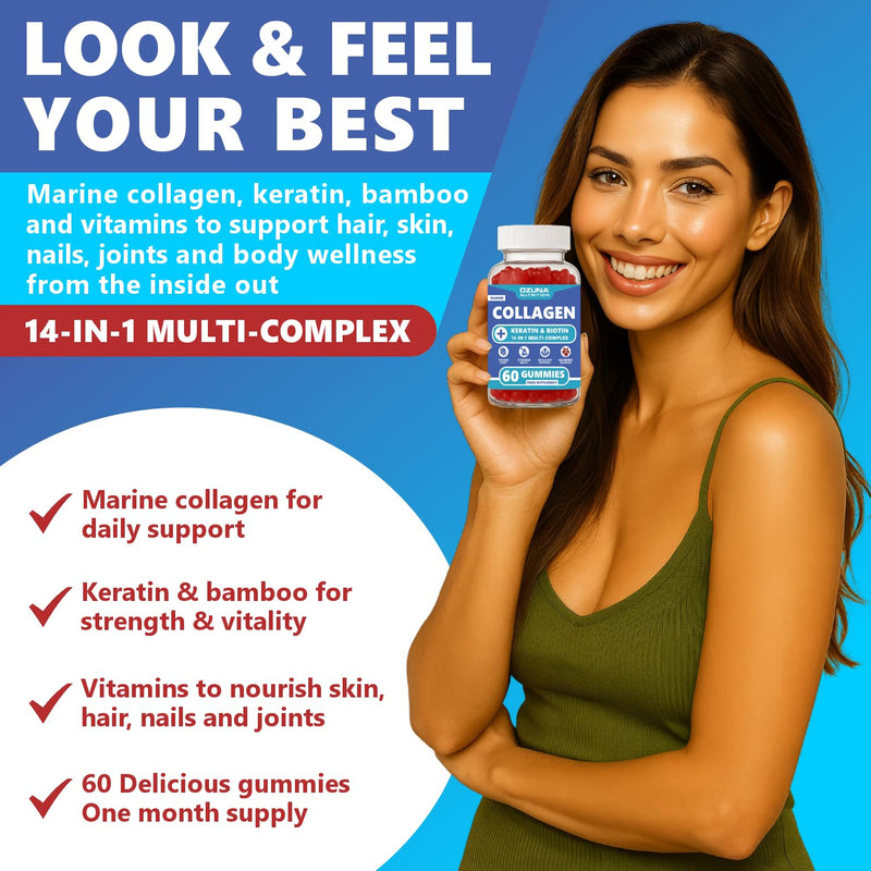 Marine Collagen Gummies with Keratin, Biotin & Bamboo | 14-in-1 Multi-Complex | Cranberry Flavour | 60 Gummies | Supports Hair, Skin, Nails & Joints