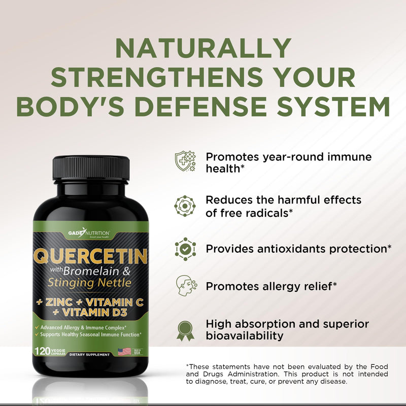 [Australia] - Quercetin with Vitamin C and Zinc - Nettle Quercetin - Quercetin 500mg - Quercetin with Bromelain - Zinc Quercetin + Vitamin D3 - 120 Veggie Caps - (Non-GMO, Gluten-Free, Vegan) - 2 Month Supply 120 Count (Pack of 1) 