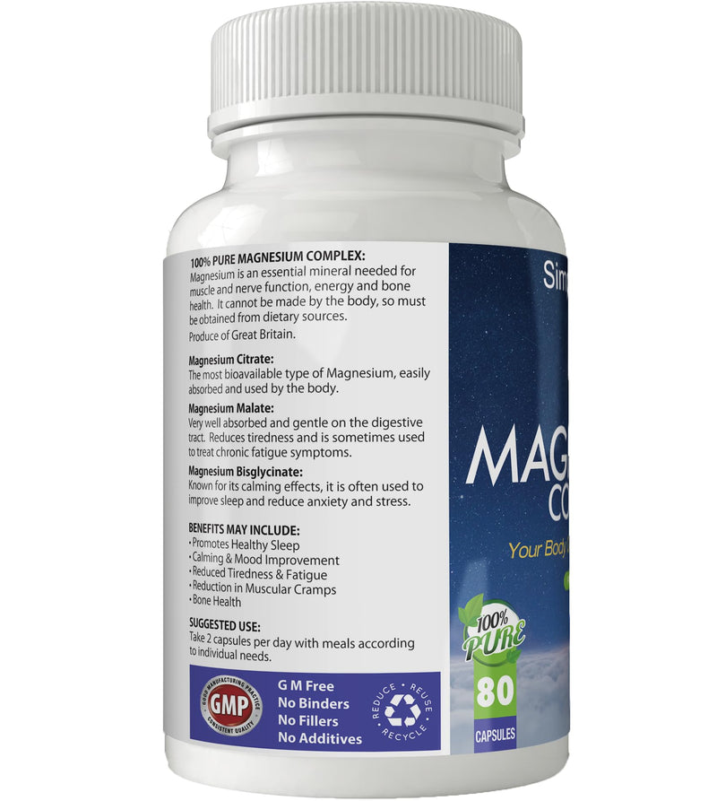 Magnesium Complex for Restful Sleep | 900mg Capsules x 80 | 100% Pure Magnesium | Gluten Free | GM Free | Vegan