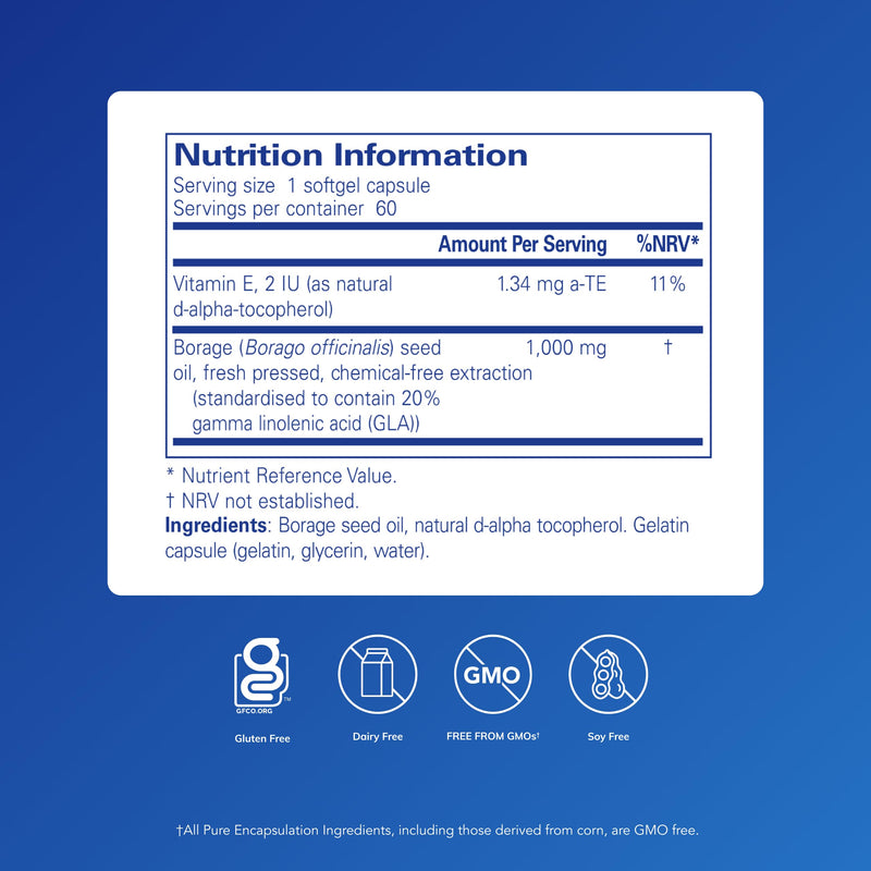 Pure Encapsulations Borage Oil - 200mg GLA per Capsule - Rich Source of Gamma Linolenic Acid - 60 Softgel Capsules