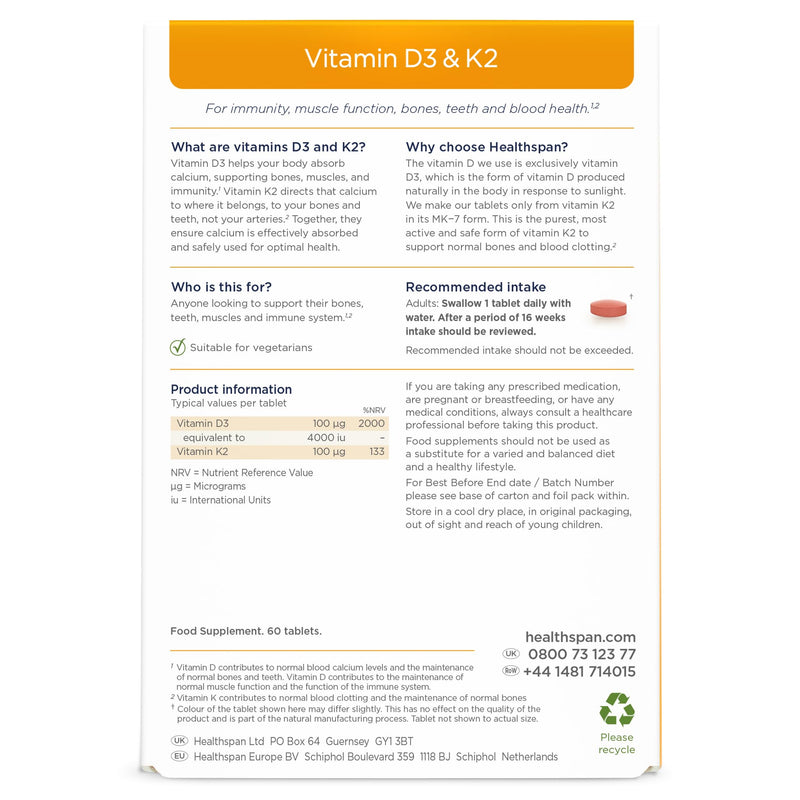 Healthspan Vitamin D3 & K2 | 60 Tablets | for Immune, Bone & Blood Health | 100ug Vitamin D3 & 100ug Vitamin K2 | Optimal Calcium Absorption and delivery | Pure, Active Form MK-7 | Vegetarian