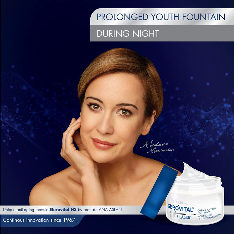 Gerovital CLASSIC Nourishing Anti-Wrinkle Night Face Cream with Hyaluronic Acid, Juvinity™ and Vitamin E, Regenerates and Hydrates the Skin, Anti-Aging Face Cream, 50 ml