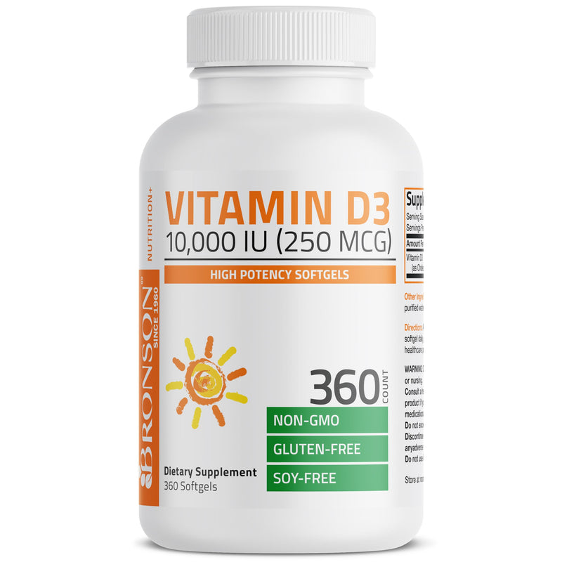 Bronson Vitamin D3 10,000 IU (250 mcg) Immune Support, 360 Softgels | Bone, Muscle, Teeth & Nervous System Support, Once-Daily, Non-GMO, Gluten-Free & Soy-Free 360 Count (Pack of 1)