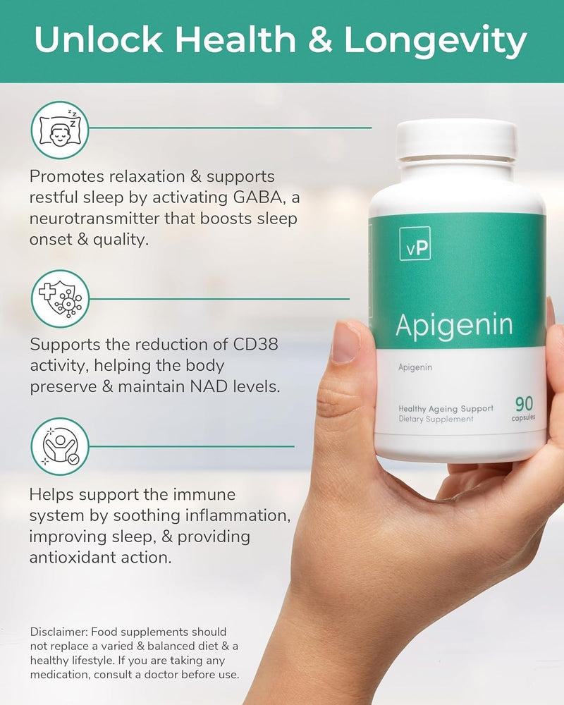 vP Vitality Pro Apigenin Sleep Supplement, 90 Capsules, Men & Women | Apigenin 100mg from Grapefruit Peel, Natural Sleep Aid, NAD Enhancement, Immune Support, Vegan