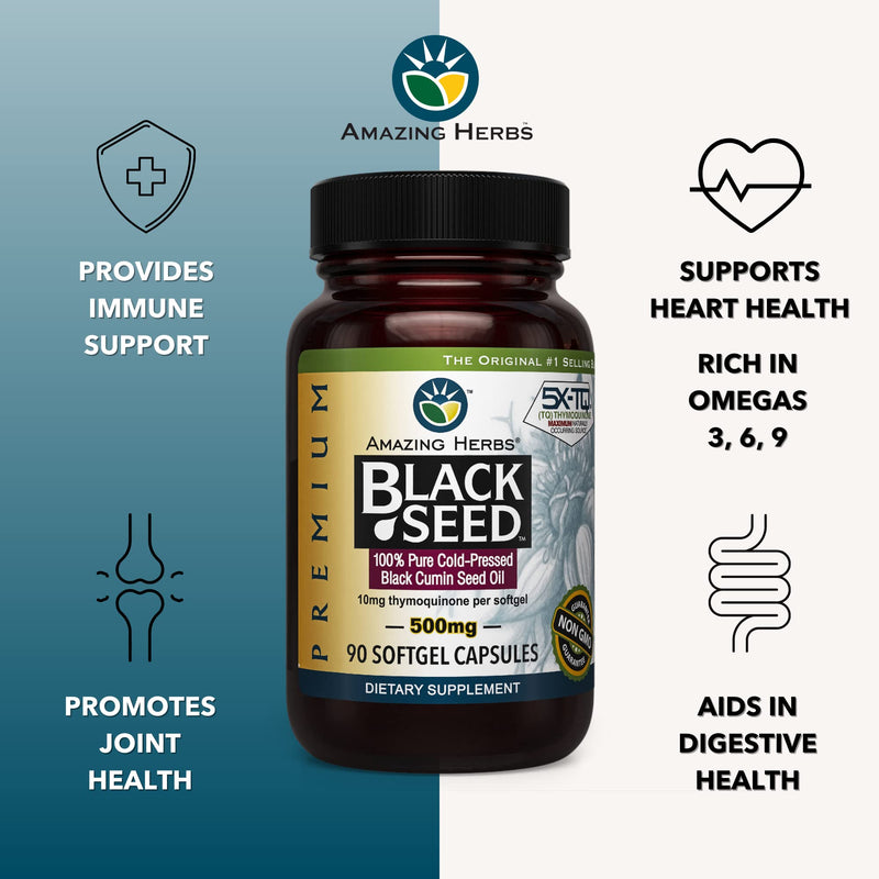 [Australia] - Amazing Herbs Premium Black Seed Oil Capsules - Cold Pressed Nigella Sativa Aids in Digestive Health, Immune Support, Brain Function, Gluten Free, Non GMO - 90 Count, 500mg 