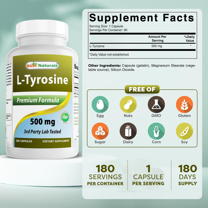 [Australia] - Best Naturals L-Tyrosine 500 Mg 180 Capsules - Supports Mental Alertness, Energy, Focus, Healthy Glandular Function and Balance 180 Count (Pack of 1) 