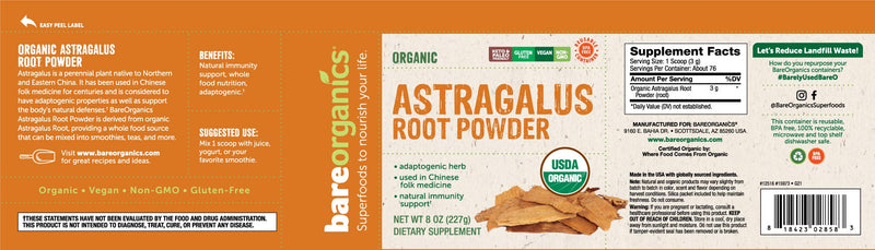 [Australia] - BareOrganics Astragalus Root Powder, Superfood Powder, Organic Dietary Supplement, 8 Ounce 