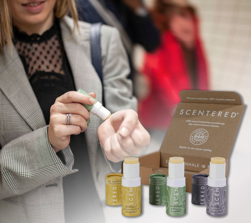 Scentered Aromatherapy Balm Gift Set - Positive & Relaxed - Pack of 3 Balms: Happy, De-Stress, Sleep Well - Lavender, Cedarwood, Rosemary Essential Oil - Mindfulness Gifts for Women