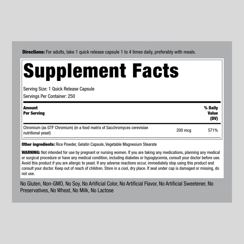 [Australia] - Piping Rock GTF Chromium 200 mcg | 250 Capsules | Glucose Tolerance Factor | Non-GMO, Gluten Free Supplement 