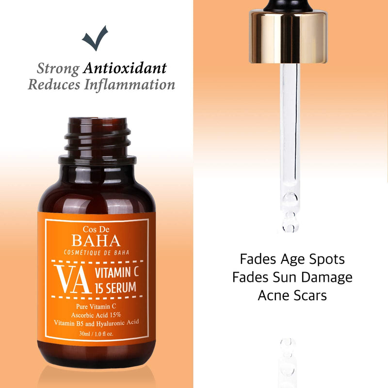 Cos De BAHA Vitamin C(Ascorbic Acid) 15% Serum 1 Fl Oz – Korean Skin Care for Dull & Uneven-Looking Skin, Brightening Face Serum with Ascorbic Acid, 30ml
