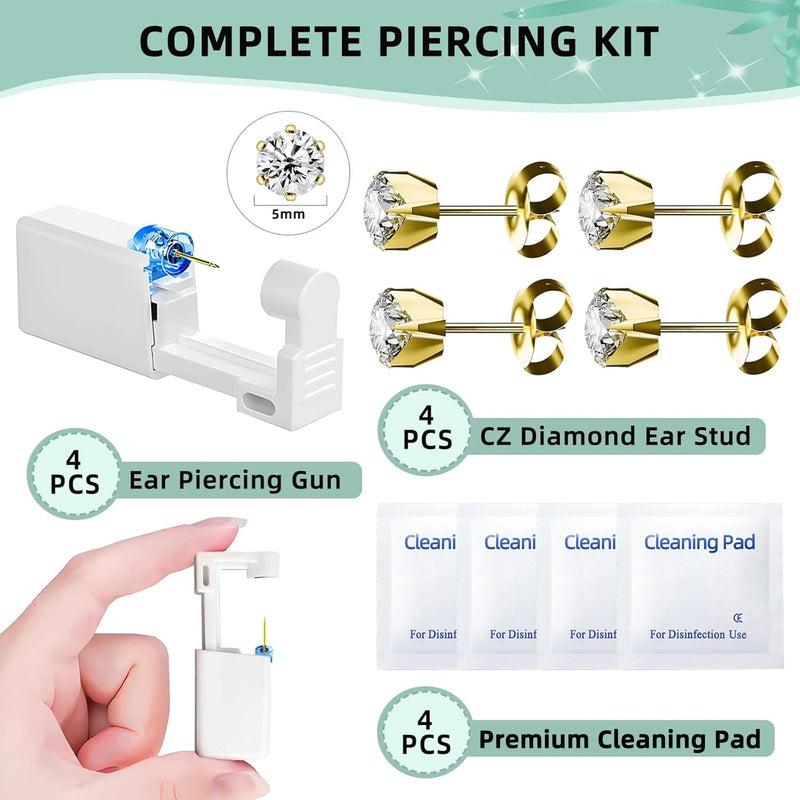[Australia] - 12 Pcs Ear Piercing Kit Disposable Ear Piercing Gun Kit with 4 Pcs 6 Prong Setting Cubic Zirconia Earrings Stud 316L Stainless Steel Easy to Use at Home Self Ear Piercer Gun Kit Tool Gold 