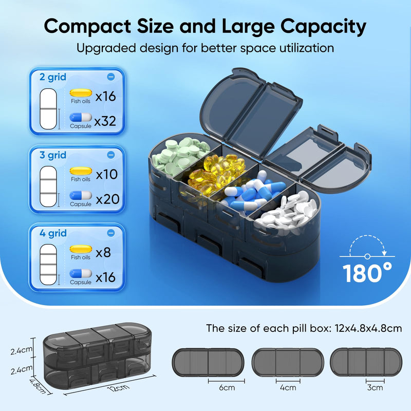 Weekly Pill Organizer Travel, 2/3/4 Times a Day, Double-Sided Opening Design, Portable Pill Box for Storing Fish Oils/Medication/Vitamins/Supplements (2PC Black)