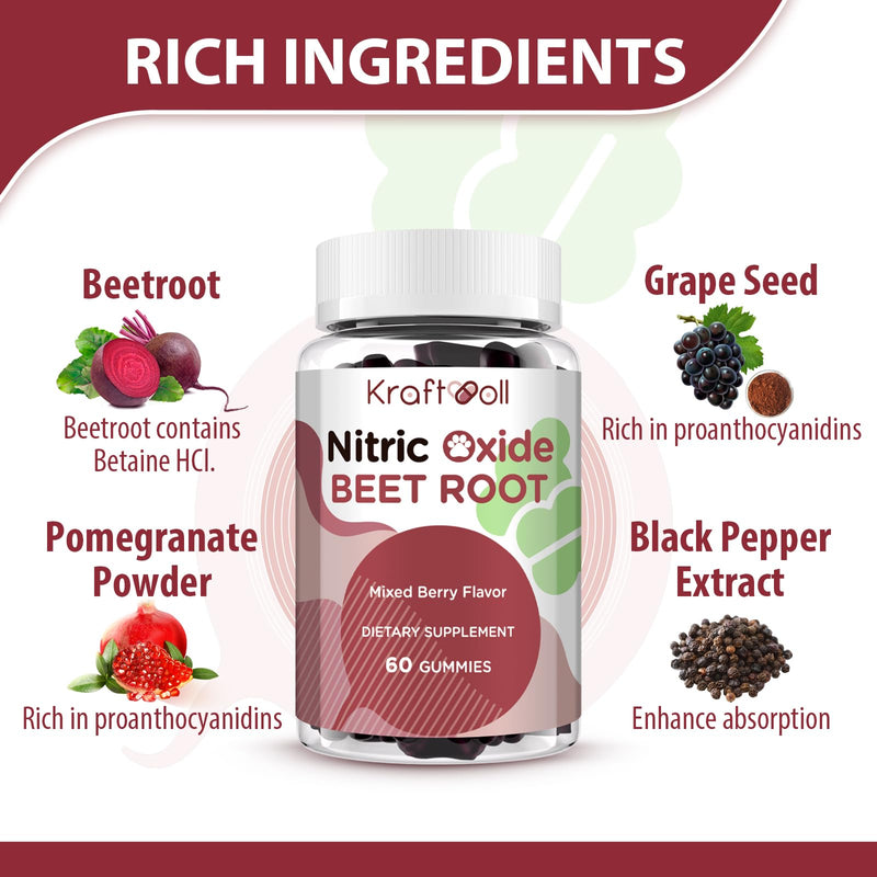 Beet Root Gummies 6000mg – Nitric Oxide Booster with Grape Seed, Pomegranate, Vitamins C & B12 – Nitric Oxide Supplements for Men – Mixed Berry Flavor – 60 Gummies