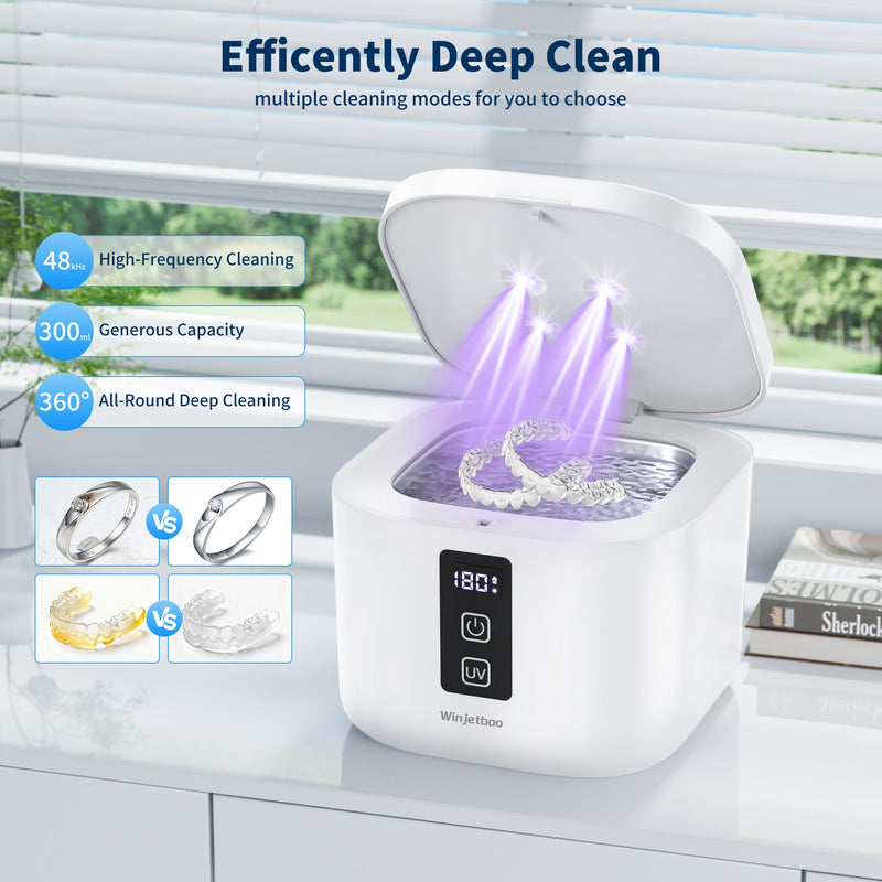 [Australia] - Retainer Cleaner, Ultrasonic Retainer Cleaner Machine 48kHz for Dentures, Mouth Guards, Braces, Toothbrush Heads, Jewelry, Ring with 300ML Capacity, 4 Modes Retainer Cleaning - White White | Comes With Filter Basket 