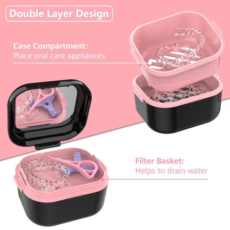 [Australia] - BVN Denture Bath Denture Case: Denture Cup for Soaking Dentures, Retainer Cleaner Case with Mirror, Mouth Guard Case, Aligner Case, Retainer Holder, Night Guard Case, False Teeth Container Black Black Pink 