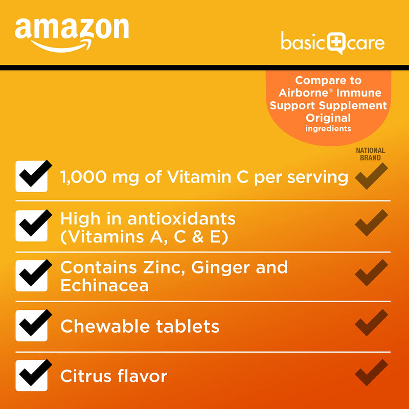 Amazon Basic Care Immune Support Citrus Chewable Tablets with Antioxidants, Vitamin D and Immune System Support, 32 Count 32 Count (Pack of 1)