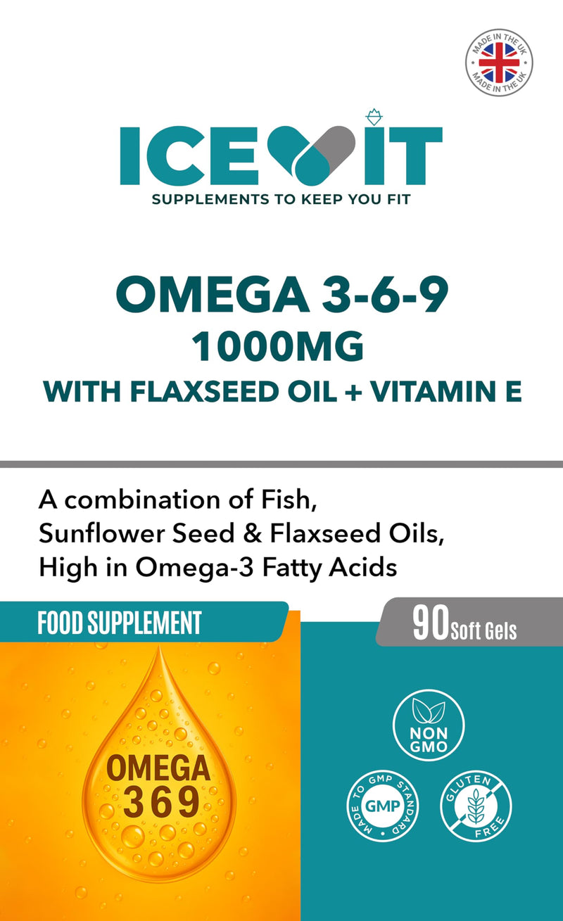 Omega 3-6-9 1000mg – 90 Softgels | with Fish & Flaxseed Oil + Vitamin E | Triple Omega Fatty Acids | UK Made | Heart, Brain, Skin & Eye Support | GMP Certified