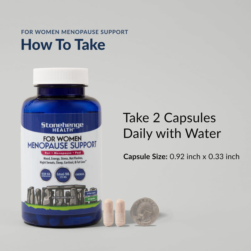 [Australia] - Stonehenge Health for Women Menopause Support for Peri + Menopause + Post - Mood, Energy, Stress, Hot Flashes, Night Sweats, Sleep & Cortisol, Chromax Chromium, Vitamin D3, KSM-66 Ashwagandha Extract 