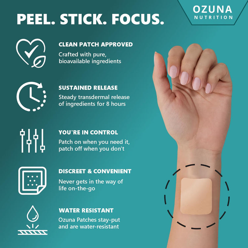 Focus Patches | Concentration & Clarity | with B Vitamins, L-Carnitine, Lions Mane, Magnesium, Ginseng, L-Theanine | 8 Hour Support | Vegan & Waterproof | 30 Patches