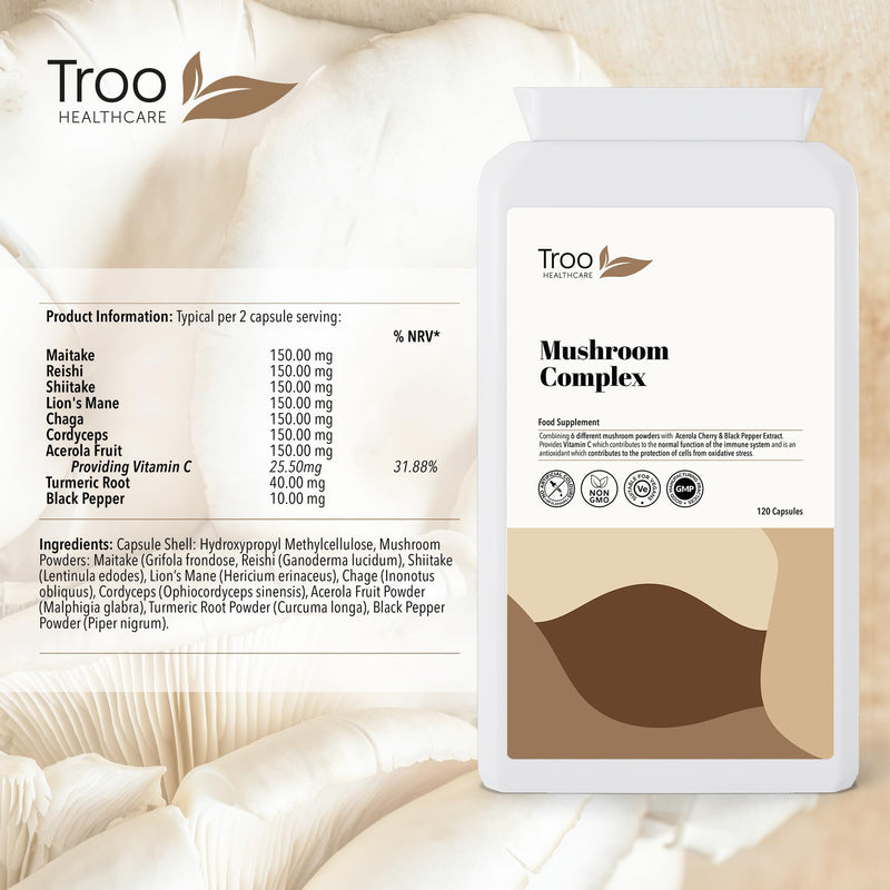 Troo Health Care Mushroom Complex 120 Capsules - 6 Shrooms with Acerola, Turmeric & Black Pepper - Maitake, Reishi, Shiitake, Chaga, Cordyceps, Lion's Mane - Soil Association Certified