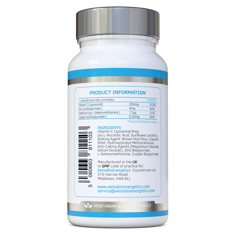 Liposomal Vitamin C Complex with Zinc, Selenium and Copper : All-in-ONE Enhanced Absorption Immune Support : 250mg, 120 Vegan Capsules (4 Month Supply) : Non-GMO, Made in UK