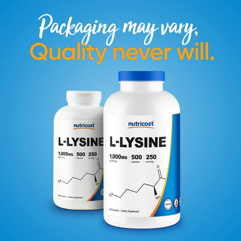 Nutricost L-Lysine 1000mg Per Serving, 250 Servings, 500 Capsules - Gluten Free, Non-GMO, 500mg Per Capsule 500 Count (Pack of 1)