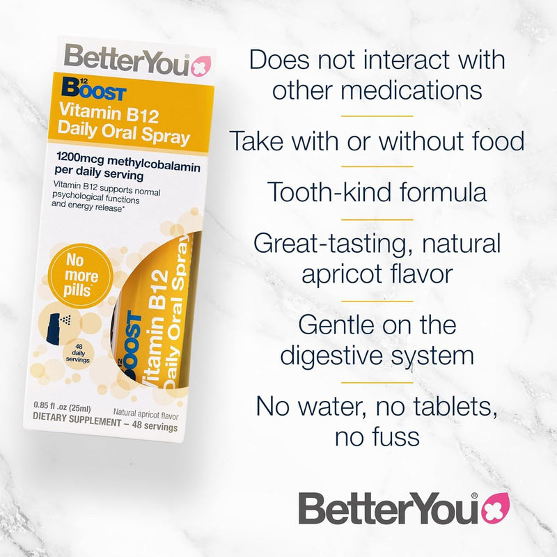 BetterYou Boost Vitamin B12 Daily Oral Spray Vitamin Spray Supplement for Energy Boost 1,200 IU Vitamin B12, Natural Apricot Flavour, Pack of 3, 25ml (192 Sprays)