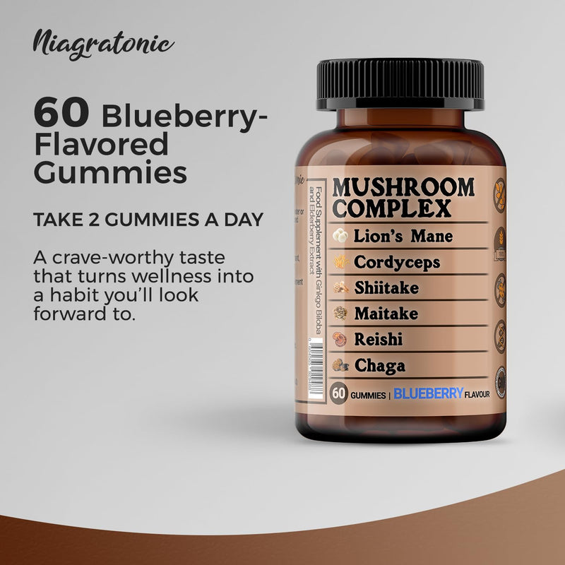 Mushroom Complex Gummies - 6 Mushroom Blend with Lion’s Mane, Reishi, Cordyceps, Shiitake, Maitake & Chaga + Ginkgo & Elderberry - Sugar Free Blueberry Flavour - 60 Gummies