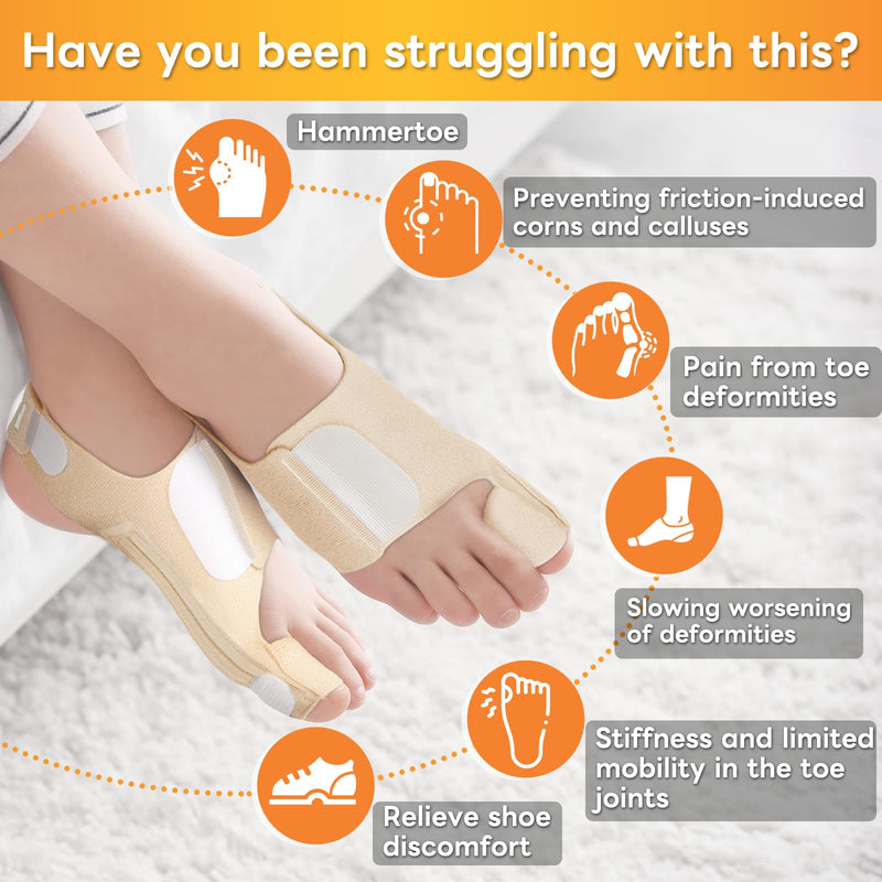 Bunion Corrector with 4 Flexible Stainless Steel Strips (2 on Each Side), Silicone Pads for Cushioning, Pain-Free Foot Condition Improvement, Wearable with Shoes,Washable