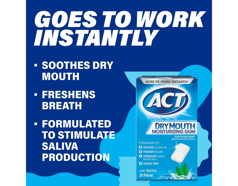 [Australia] - ACT Dry Mouth Moisturizing Gum, Soothing Mint, Sugar Free, 20 Count (Pack of 2) 