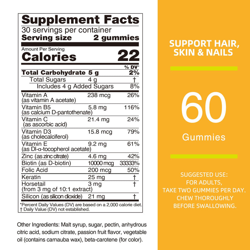 Nature's Key Biotin Gummies 10000mcg - Hair Growth & Nail Strength Supplement, Vegan, |Vitamins A B C D E|Folic Acid|Zinic for Women & Men Supports Healthy Hair Growth Supplement，60cts|30 Days