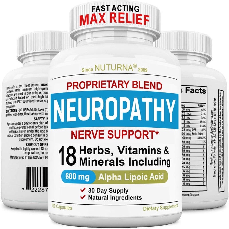 Neuropathy Support Nerve Supplement with 600 mg Pure Alpha Lipoic Acid - Maximum Strength Formula, Fortify Nerves in Fingers, Hands, Toes, & Feet - Best Peripheral Relief Support - 120 Capsules 120 Count (Pack of 1)