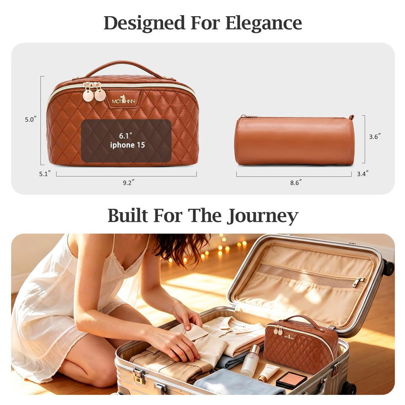 Travel Makeup Bags Cosmetic Organizer: 3Pcs Set Puffy Make up Bag for Women | Brown Premium Quilted ELEGANCE Design | Large Capacity Leather Toiletry Bags | Wide Open Compact Case for Travel Essentials 06 Brown