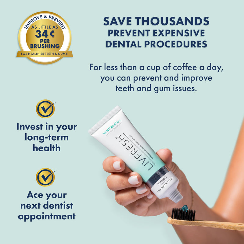 LIVFRESH Toothpaste Gel, Clinically Proven to Remove Plaque 250% Better, Improves Gum Health 190% Better, Prevents & Reduces Tartar, Freshens Breath, SLS Free Dental Gel, Wintergreen Wintergreen, Foaming, Whitening 1.75 Ounce (Pack of 1)