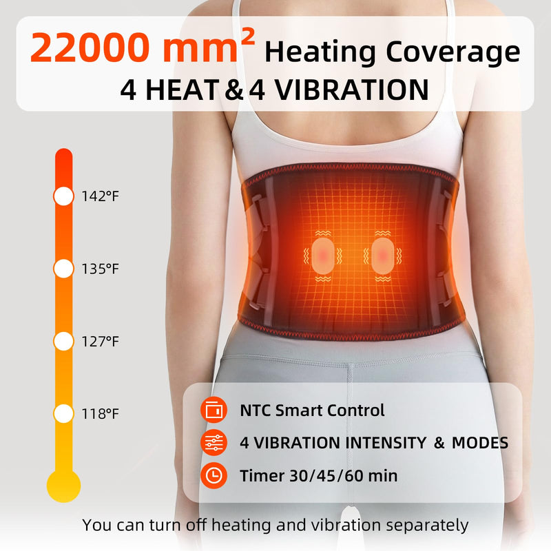 Cordless Heating Massage Belt for Lower Back Soothe Discomfort - 5000mAh Adjustable Heat Therapy Wrap with 4 Vibration Modes - Portable Heating Pad for Muscle Relaxation, Ideal Gift for Men & Women Black