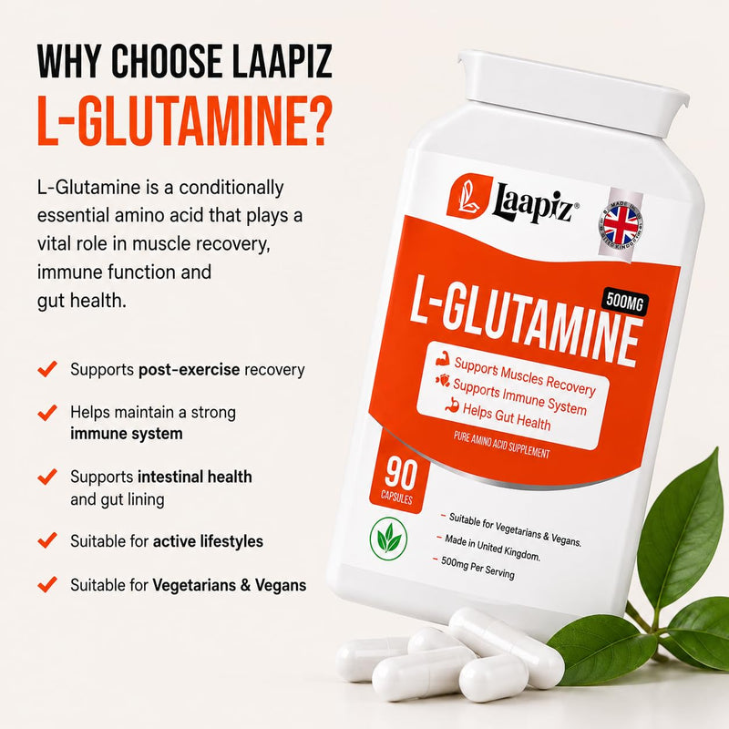 L Glutamin 500mg 90 Capsules | Glutamin Amino Acid Supplement | L-Glutamine 90 Vegan Capsules | UK Made GMP Certified | Daily Amino Acid Capsules | Laapiz
