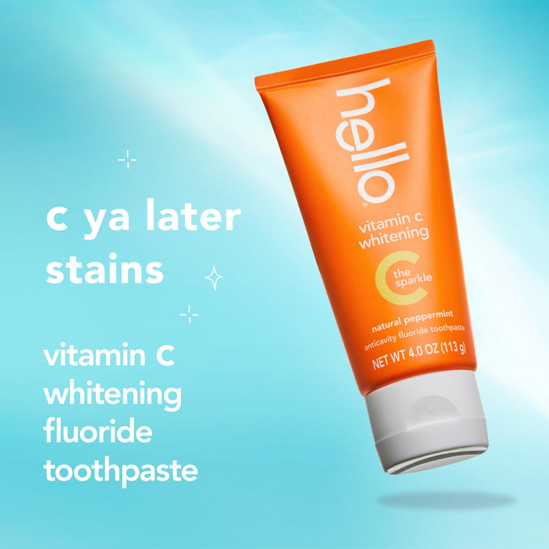 [Australia] - hello Vitamin C Whitening Toothpaste with Fluoride, Whitening SLS Free Toothpaste Pack, Up to 2 Shades Whiter Teeth, No Peroxide, Safe for Everyday Use, Natural Peppermint, 2 Pack, 4.0 Oz Tubes 4 Ounce (Pack of 2) 