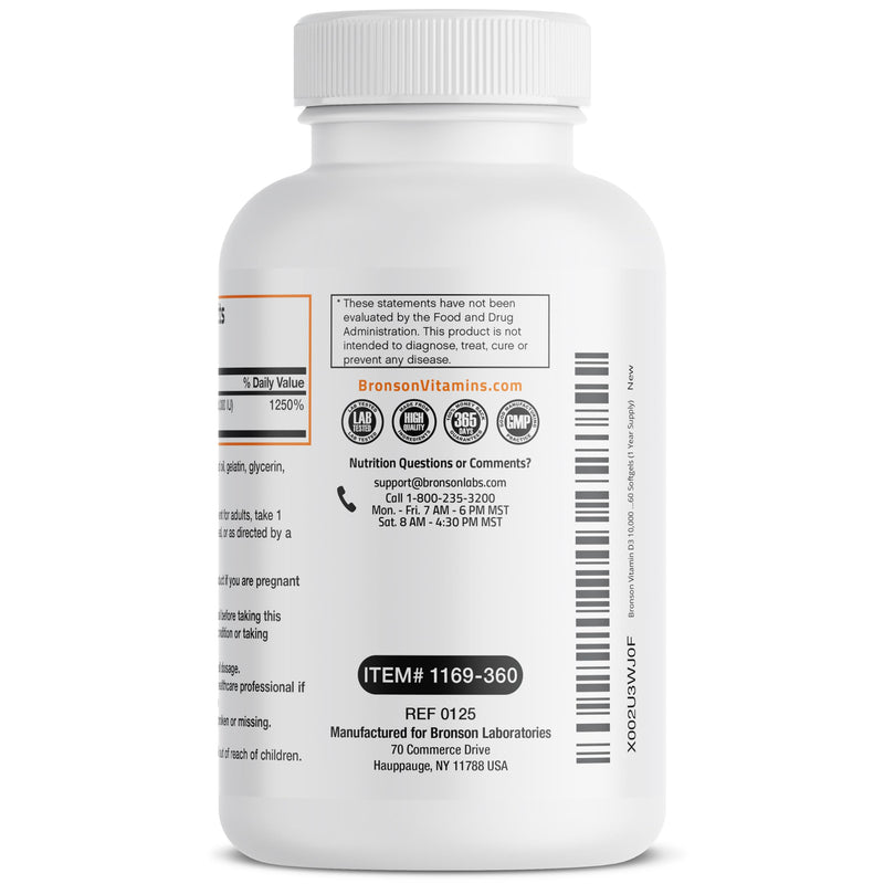 Bronson Vitamin D3 10,000 IU (250 mcg) Immune Support, 360 Softgels | Bone, Muscle, Teeth & Nervous System Support, Once-Daily, Non-GMO, Gluten-Free & Soy-Free 360 Count (Pack of 1)