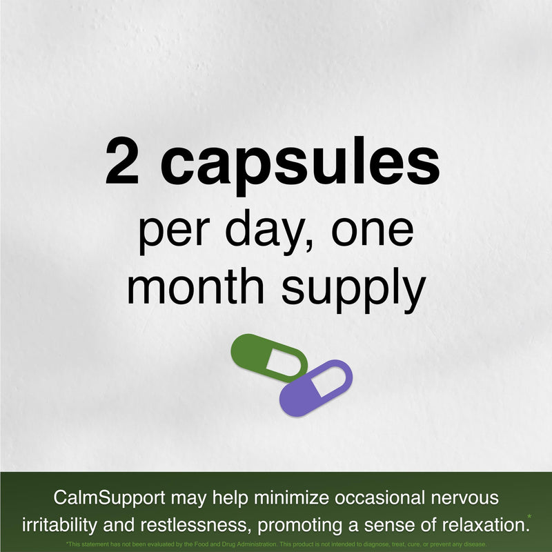 CalmSupport: Stress & Relaxation Support - Ashwagandha, Passion Flower, Valerian Root, Ginger, GABA, Velvet Bean, Motherwort, Oat Seed, L-Theanine, L-Tryptophan, Folate, C,B1,B6,B12,Zinc - 60 Capsules