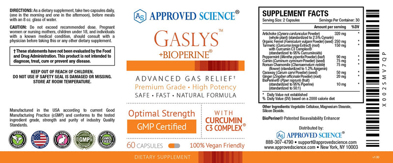 [Australia] - Approved Science® Gaslys™ - Soothe Digestive Tract, Alleviates Gas and Stomach Cramps - Artichoke Powder, Ginger, Fennel Seed - 60 Count - Pack of 1 60 Count (Pack of 1) 