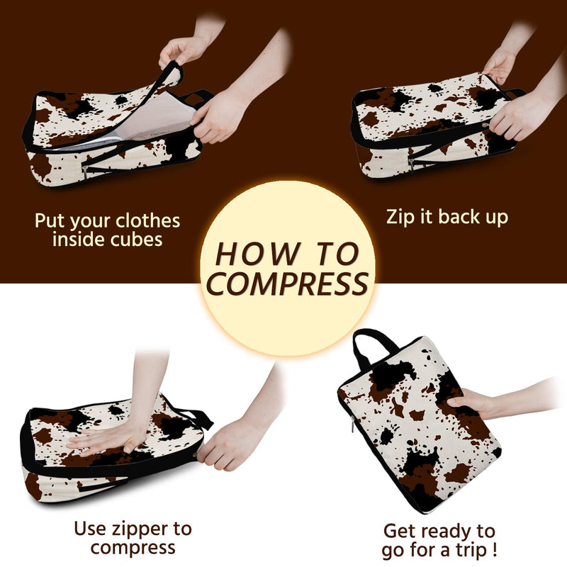 6 Pcs Compression Packing Cubes Waterproof Suitcase Travel Bag Luggage Backpack Organizer Travel Cubes for Packing-Cow Print Black-Cow Print