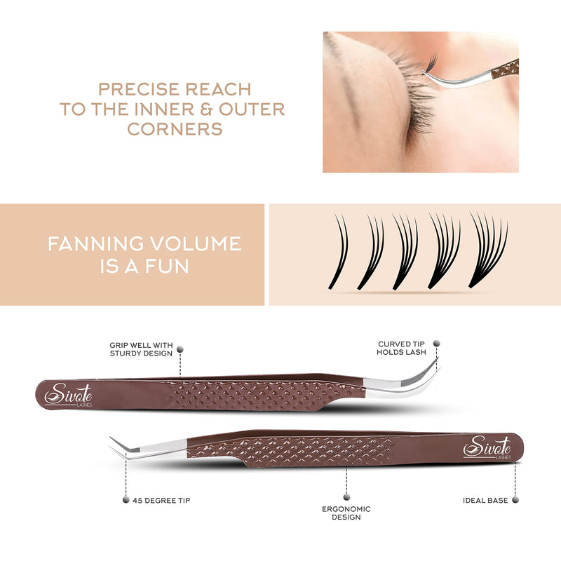 SIVOTE Lash Extension Tweezers Fiber Tips, Set of 4, Curved, Dolphin, 90 Degree & 45 Degree Tweezer, Chocolate Choco
