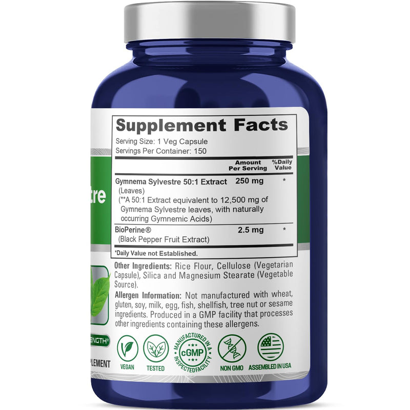 [Australia] - NusaPure Gymnema Sylvestre 12500 mg Per Vegan Caps - 150 Count - 50:1 Extract (Non-GMO, Vegan, Bioperine) 