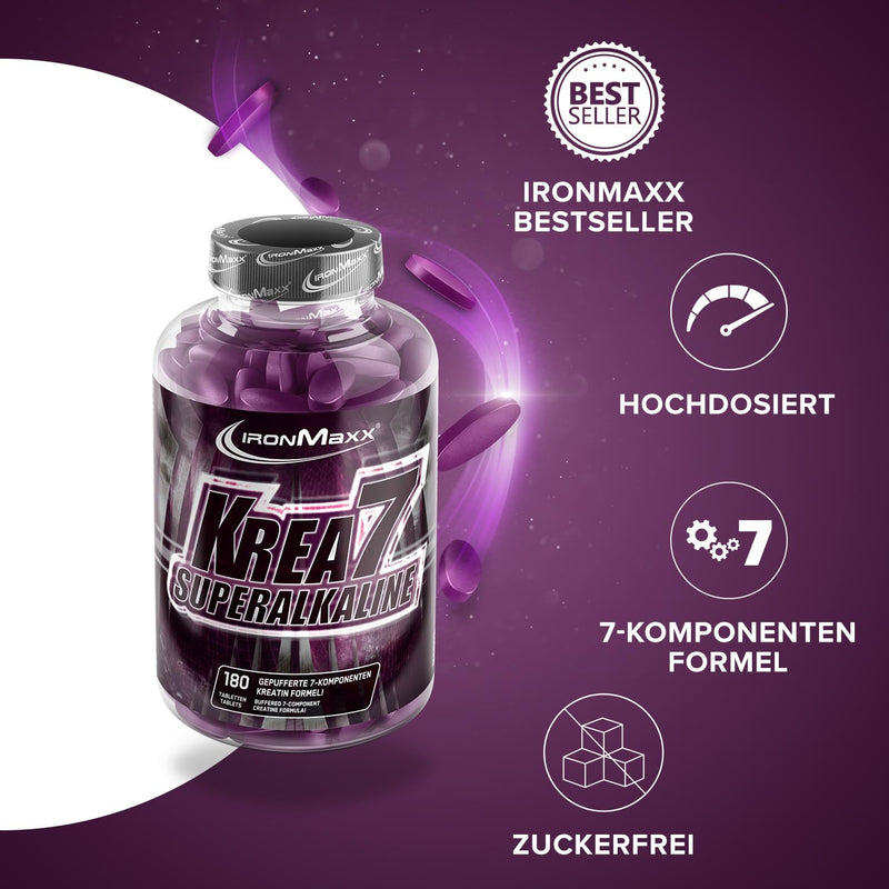 [Australia] - IronMaxx Krea7 Superalkaline Creatine Tablets - 180 pieces | High-dose 7-component formula | Vegan & sugar-free, neutral in taste, 180 pieces (pack of 1) 