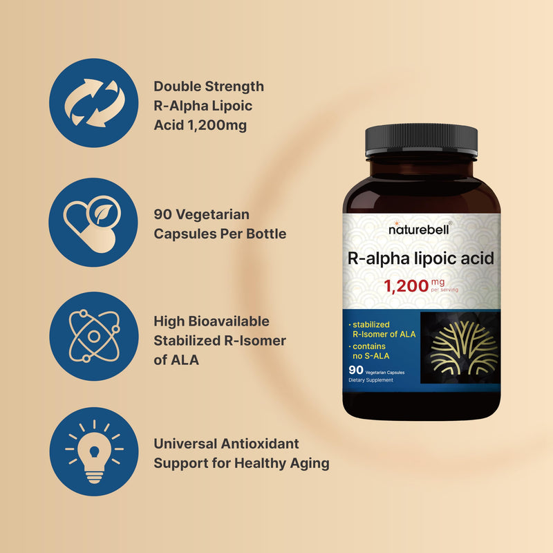 [Australia] - NatureBell R-Alpha Lipoic Acid, 1,200mg, 90 Veggie Capsules | Pure Stabilized R-ALA Only | High Absorption & Antioxidant Support | No S-ALA | Non-GMO, Gluten-Free 